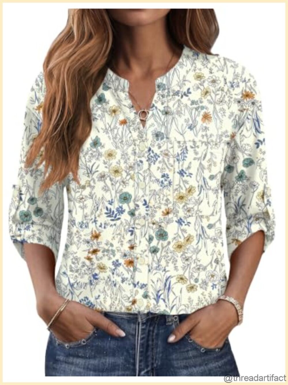 Women's Button Down Shirt 3/4 Sleeve V-Neck Floral Office Blouse
